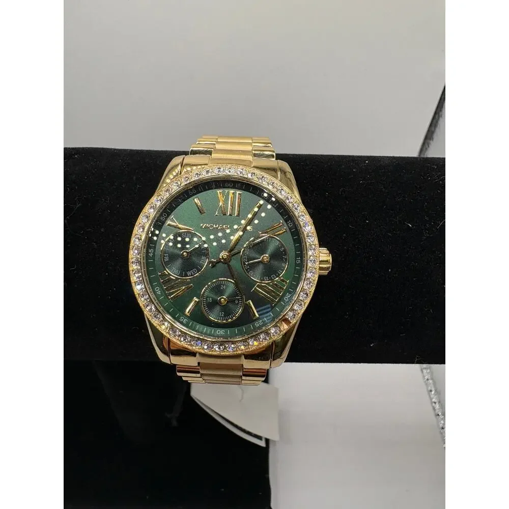 Michael Kors Women Watch Gold Green Dial Roman Numeral Crystal Bezel Nwt Green